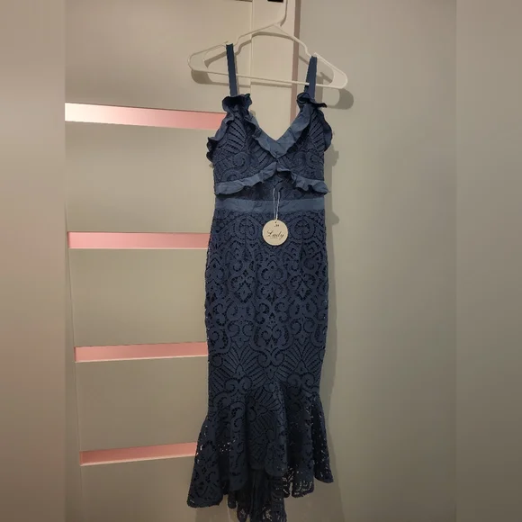 Lady Black Tie Blue Steel Lace Midi Dress Size 4 - Picture 2 of 9